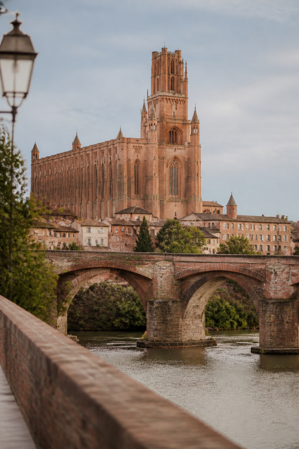La cathédrale de brique d'Albi et le palais épiscopal vus depuis la rive du Tarn, dans la lumière chaude de fin de journée