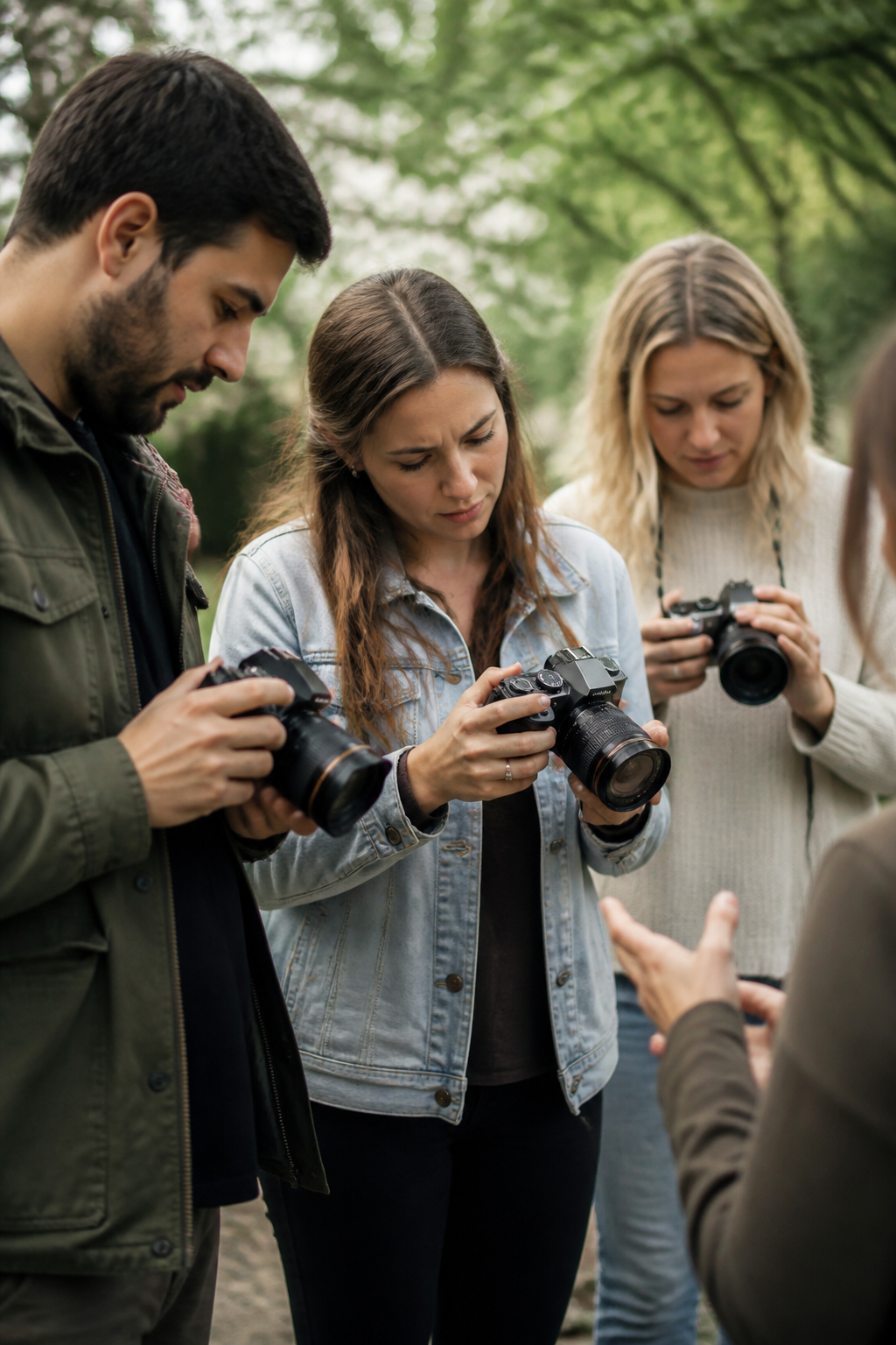 Un petit groupe d'amateurs en sortie photo, appareils à la main, écoutant les explications d'un animateur dans une rue