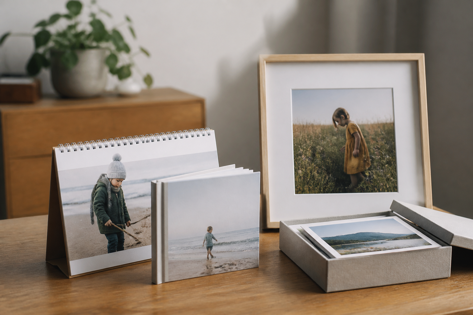 Plusieurs objets photo personnalisés posés sur une table : un calendrier, un petit album, un tirage encadré et une boîte de tirages
