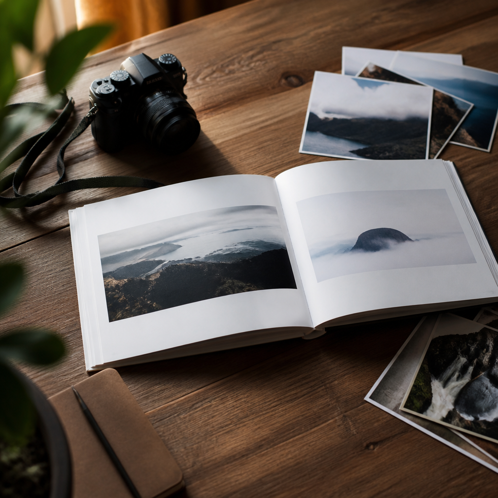 Un livre photo de voyage ouvert sur une table, entouré de tirages papier et d'un carnet de notes