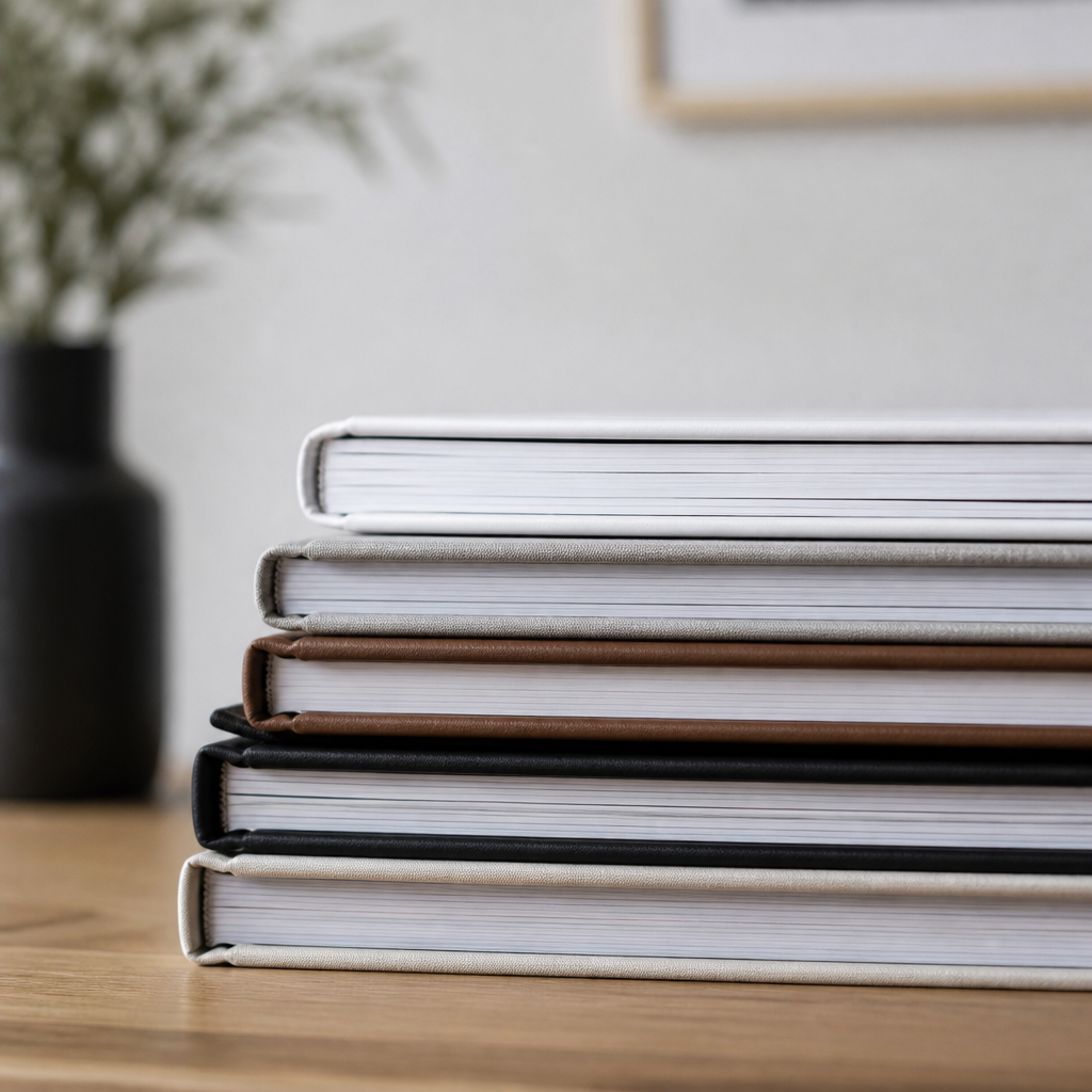Plusieurs livres photo empilés sur une table, montrant différentes reliures et épaisseurs de papier vues par la tranche