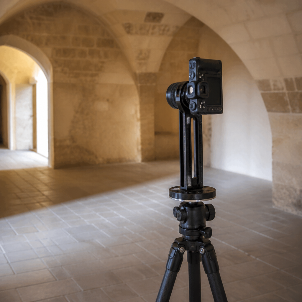 Un appareil photo monté verticalement sur une tête panoramique graduée, posé sur un trépied dans une salle voûtée