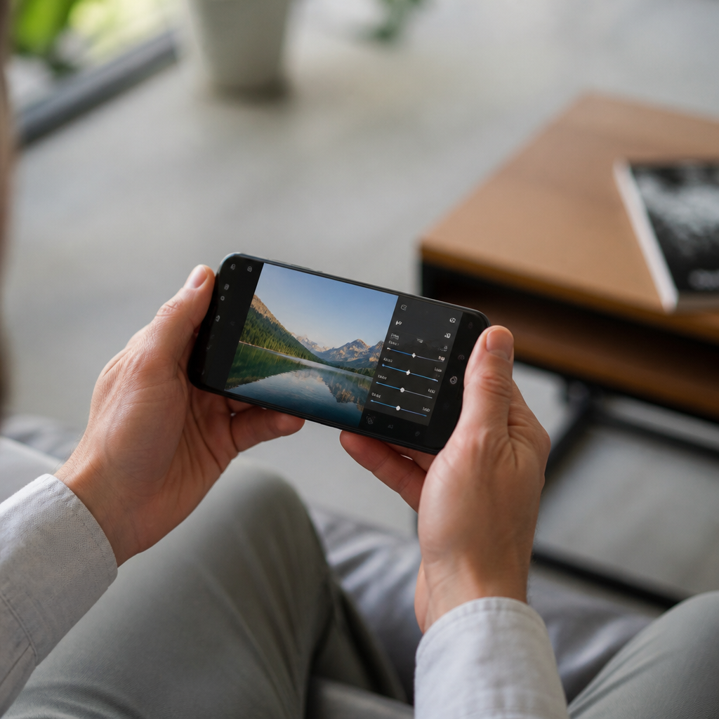 Un téléphone tenu à deux mains affichant une application de retouche photo, avec les curseurs de luminosité et de contraste visibles à l'écran