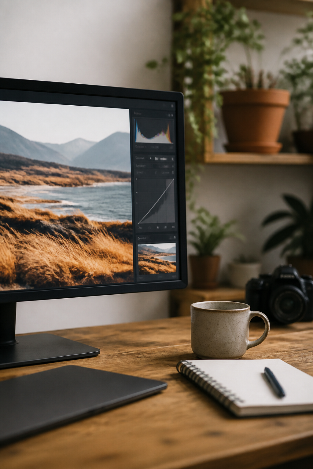 Un écran d'ordinateur affichant un logiciel de retouche photo, avec l'histogramme et les curseurs de couleur bien visibles